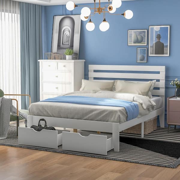 Harper & Bright Designs White Wood Frame Full Size Platform Bed with 2-Drawers