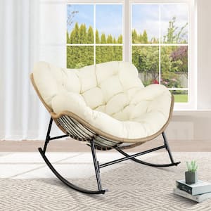 Oversized Beige PE Wicker Outdoor Rocking Chair Papasan Chair with Beige Cushion