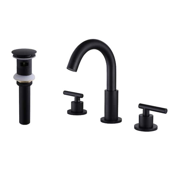 FLG 8 in. Widespread Double Handle Bathroom Faucet with Pop-up Drain Assembly Brass Sink Basin Vanity Taps in Matte Black