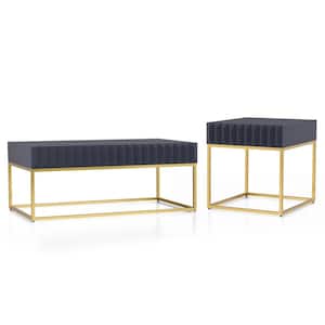 Kapulet 47.75 in. Antique Blue and Gold Rectangle Wood Top 2-Piece Coffee Table Set