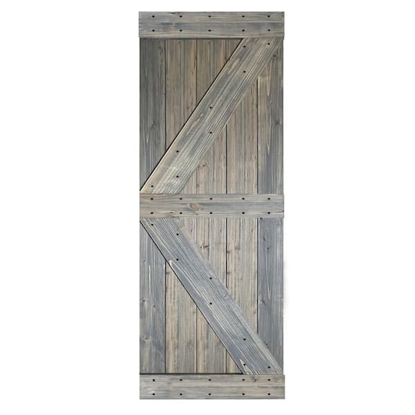 ISLIFE K Style 28 in. x 84 in. Aged Barrel Finished Solid Wood Sliding Barn Door Slab - Hardware Kit Not Included