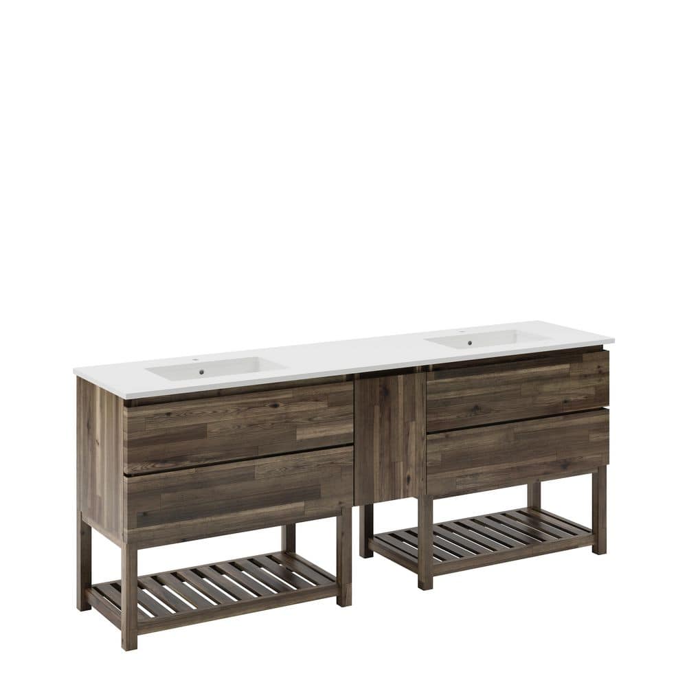 Acacia Wood 84" Double Sink Vanity with Quartz Top