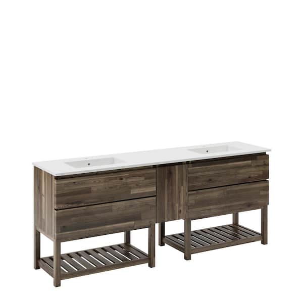 Formosa 84 in. Double Sink Freestanding Open Bottom Acacia Bath Vanity with White Quartz Top and Undermount Ceramic Sink