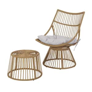Light Brown PE Wicker Outdoor Lounge Chair with Beige Cushion and Side Table for Patio Backyard