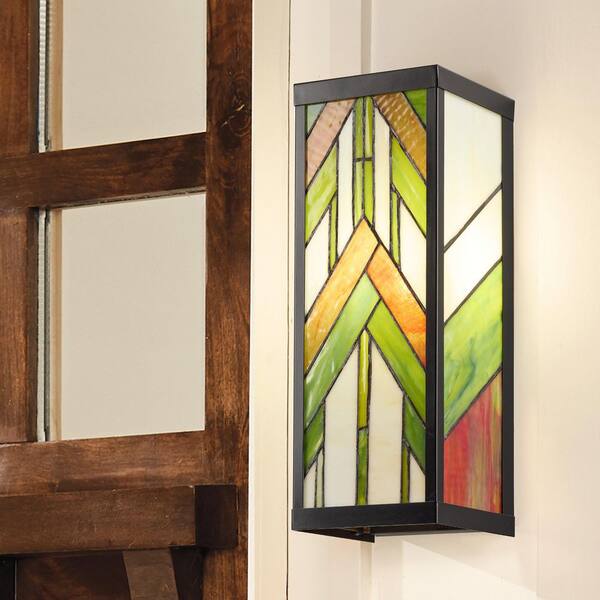 Mission 1-Light Black Satin Outdoor Stained Glass Wall Lantern Sconce