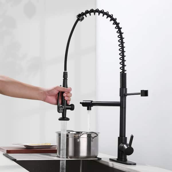 28.7" Single Handle Pre-Rinse Spring Pull Down Sprayer Kitchen Faucet with 360° Swivel Spout and Pot Filler in Black