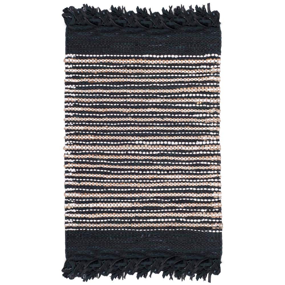 Handmade Black and Multi Leather Stripe Area Rug