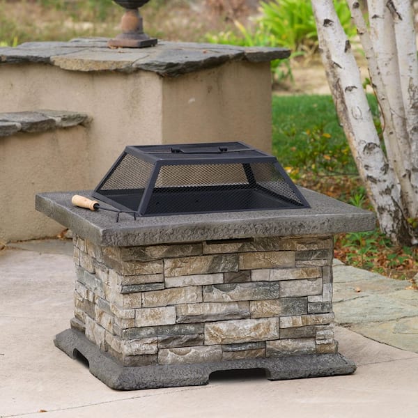 Crestline 29.00 in. x 17.10 in. Square Natural Stone Outdoor Patio Fire Pit