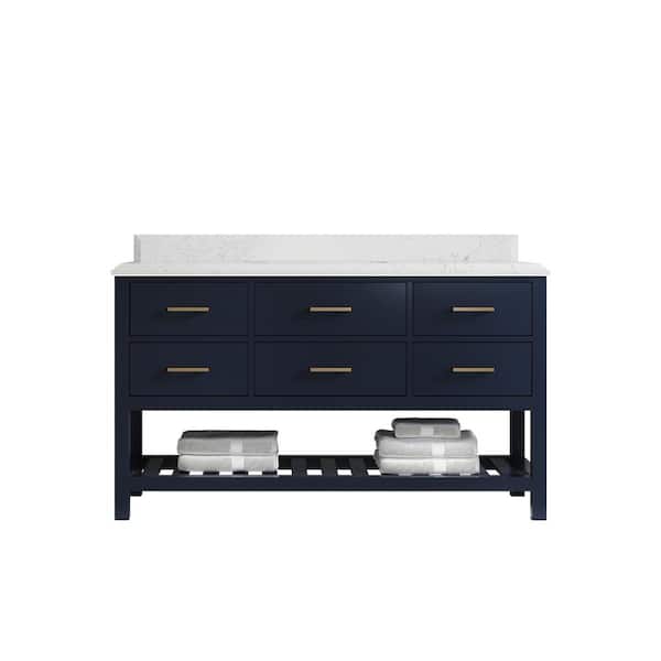 Willow Collections Parker 60 in. Single Sink Freestanding Navy Blue Bath Vanity with Empira White Qt. Top Unassembled