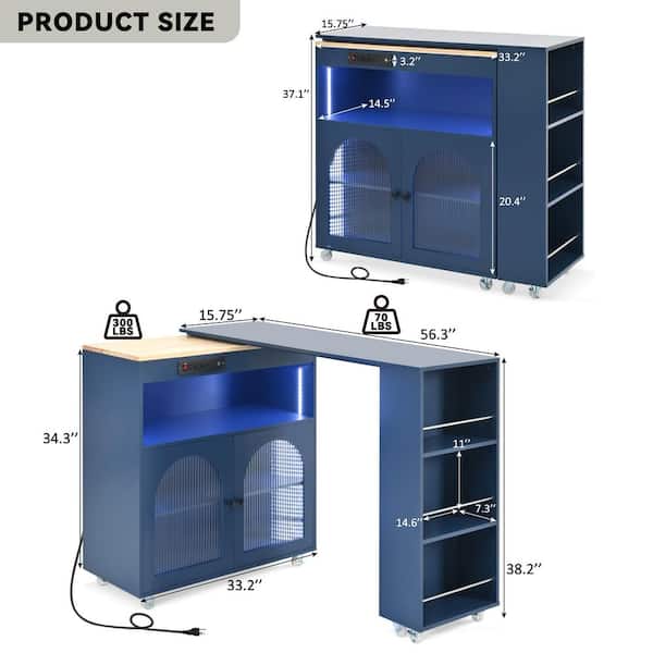 Ziyudura Blue Wood 33 in. Kitchen Island with Extended Table, LED