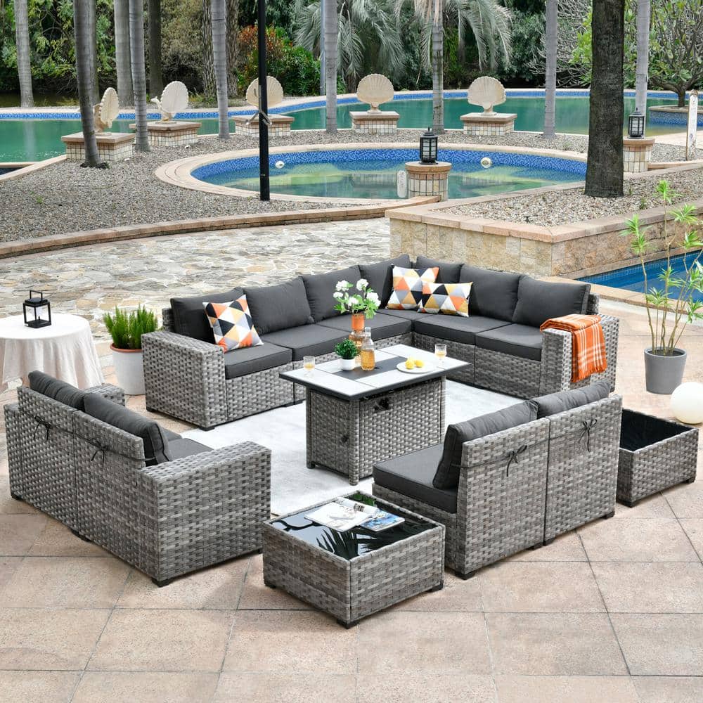 HOOOWOOO Tahoe Grey 13-Piece Wicker Wide Arm Outdoor Patio Conversation Sofa Set with a Fire Pit and Black Cushions