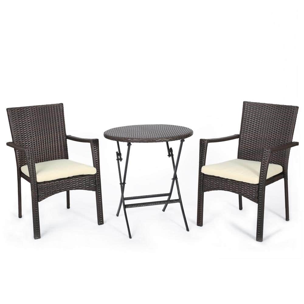 Elba Brown 3-Piece Faux Rattan Round Outdoor Patio Bistro Set with Cream Cushions price history on PriceWatchPro