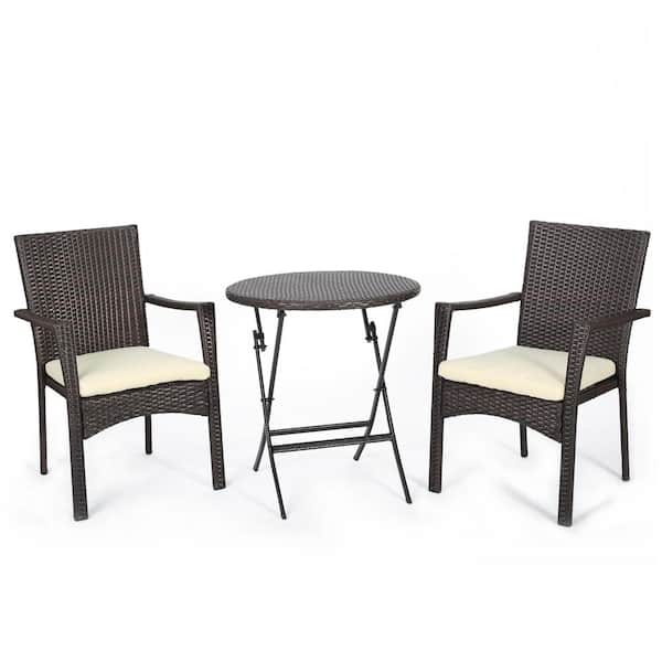 Noble House Elba Brown 3-Piece Faux Rattan Round Outdoor Patio Bistro Set with Cream Cushions
