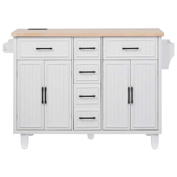 White Rubber Wood Kitchen Cart with 4 Doors, 5 Deep Drawers and Adjustable Shelves
