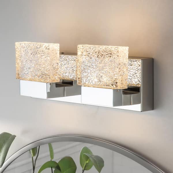 C Cattleya 2-Light Chrome Stainless Steel LED Vanity Light with Clear Ice-like Brick Glass Shades