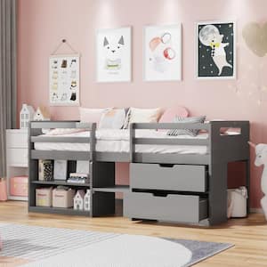 Gray Twin Size Loft Bed with 2-Shelves and 2-Drawers