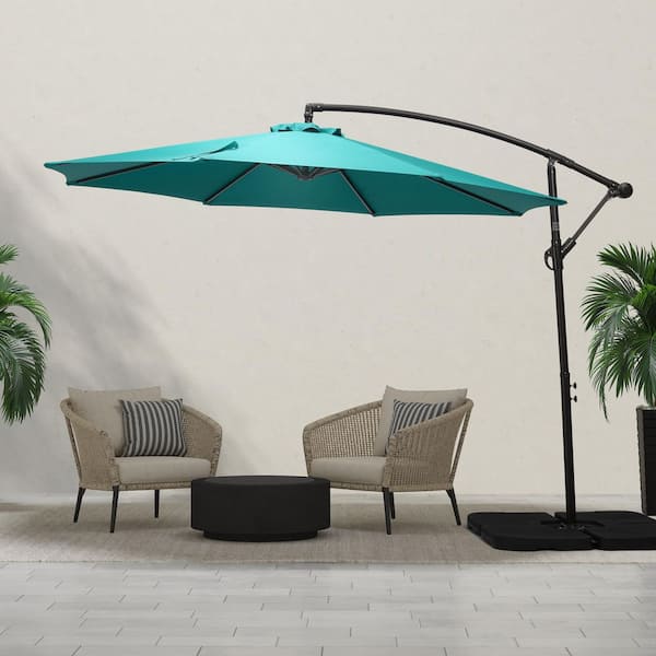 Bayshore Outdoor 10 ft. Hanging Offset Cantilever Patio Umbrella with Easy Crank Lift and Cross Base in Turquoise