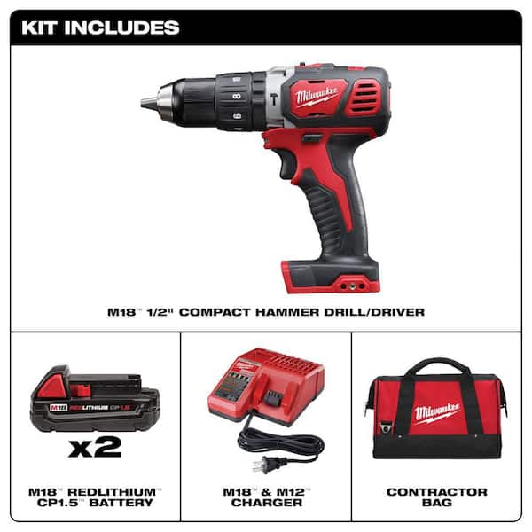 M18 Lithium-Ion Cordless 1/2 in. Hammer Drill Driver Kit with(2) 1.5Ah Batteries, Charger and Hard Case