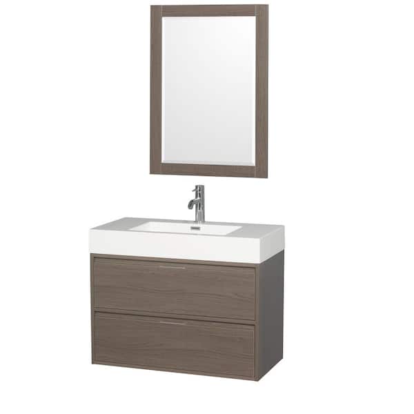 Wyndham Collection Daniella 35.3 in. W x 18 in. D Vanity in Gray Oak with Acrylic Vanity Top in White with White Basin and 24 in. Mirror