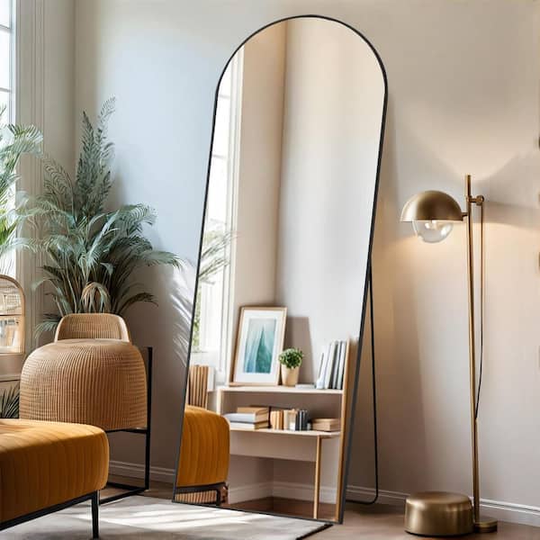 Relyblo 64 in. x 21 in. Full Length Arched Top Wall Mount Bathroom Vanity Mirror with Stand Aluminum Alloy Thin Frame in Black