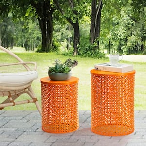 Multi-Functional Metal Orange Garden Stool or Plant Stand or Accent Table (Set of 2)