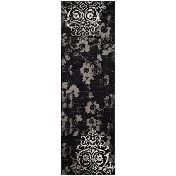 Adirondack Black/Silver 3 ft. x 10 ft. Floral Runner Rug