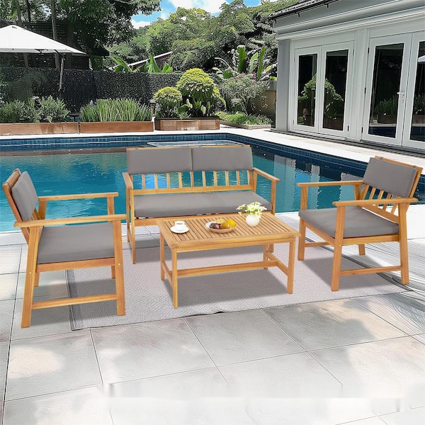 Karl home 4-Piece Outdoor Seating Group Wood Patio Conversation Set With Grey Cushions