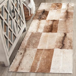 Studio Leather Beige Brown 2 ft. x 7 ft. Abstract Plaid Runner Rug