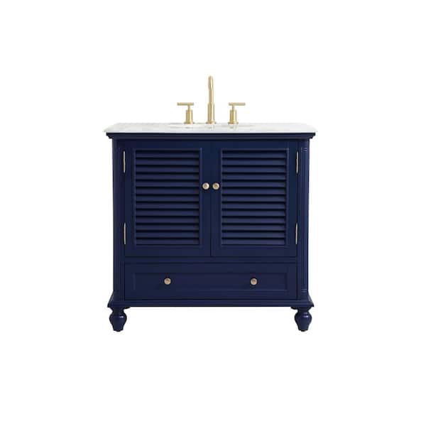 Unbranded Simply Living 36 in. Single Bathroom Vanity in Blue with Marble Vanity Top in Carrara White
