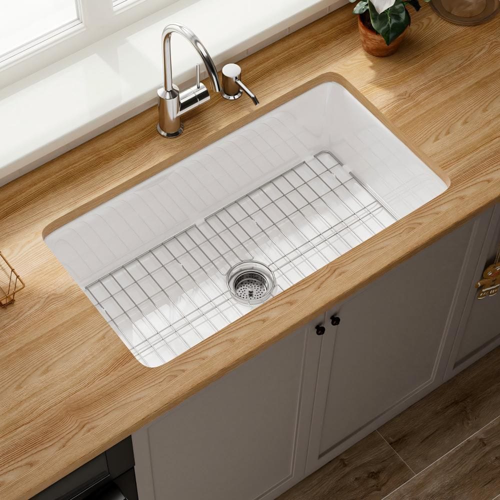 うちの聖水 Kuomih White Fireclay 32 in. Single Bowl Undermount/Drop-In