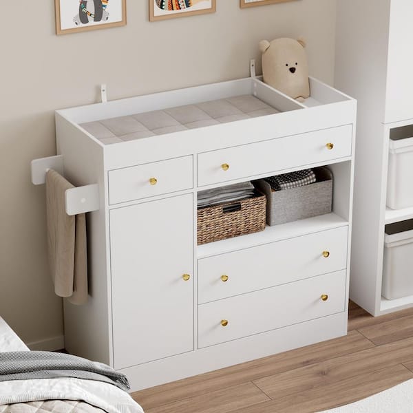 FUFU&GAGA Modern White 43.3 in. W Changing Table Dresser with Wide Top, 4 Drawers and a Single Door FUFU&GAGA Modern White 43.3 in. W Changing Table Dresser with Wide Top, 4 Drawers and a Single Door