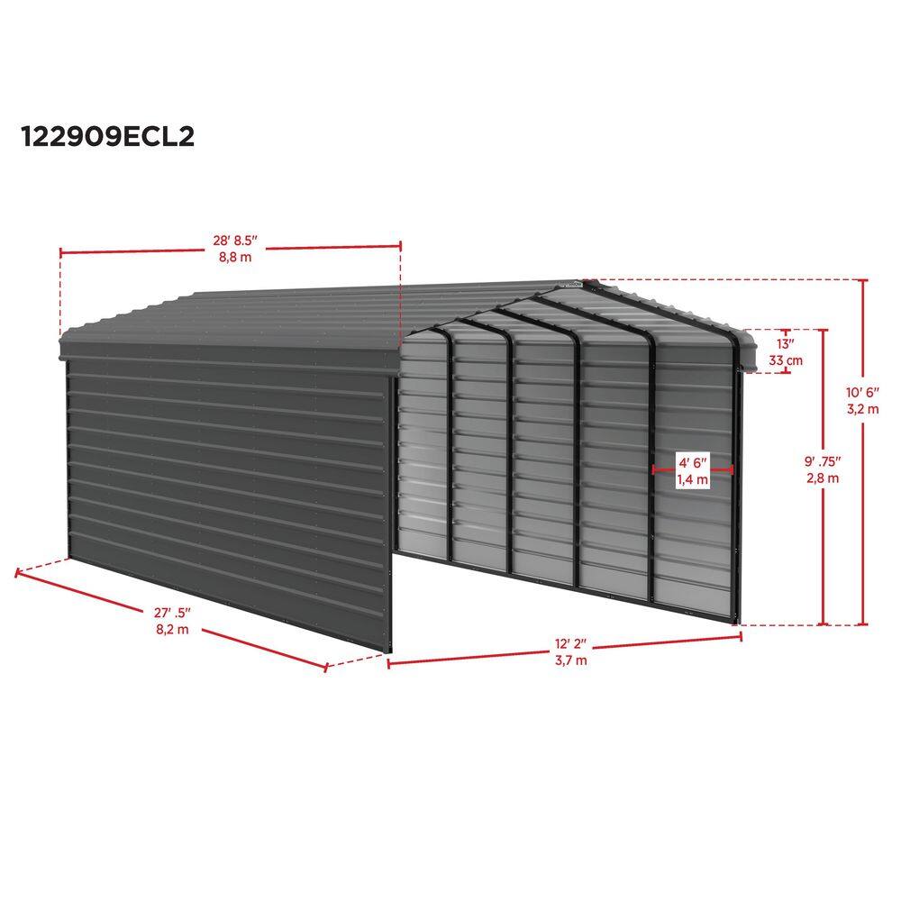 Charcoal Steel Peak Carport Kit with 2-Sided Enclosure