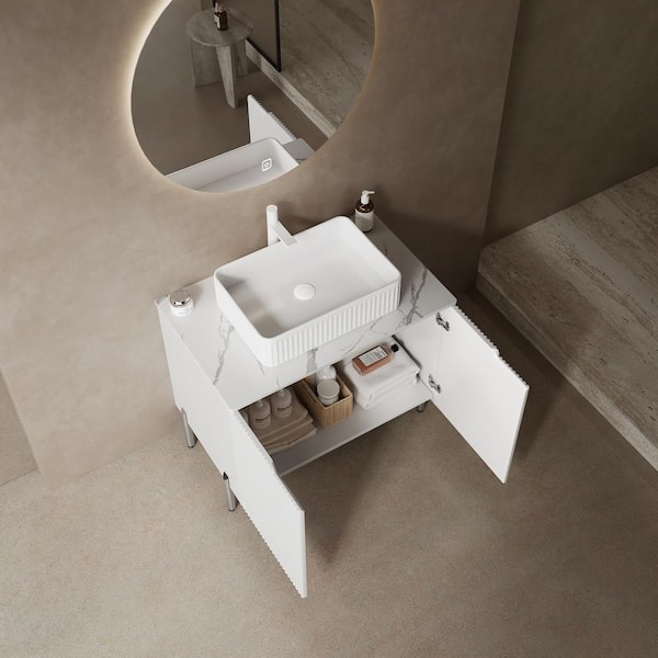 30 in. Freestanding White Bath Vanity with Carrara White Sintered Stone Top and White Ceramic Basin