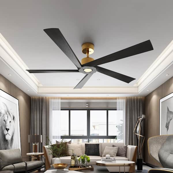62 in. Indoor Outdoor Black Solid Wood 5 Blade Propeller Ceiling Fan with Remote Control 6-Speed Adjustable Gold Housing