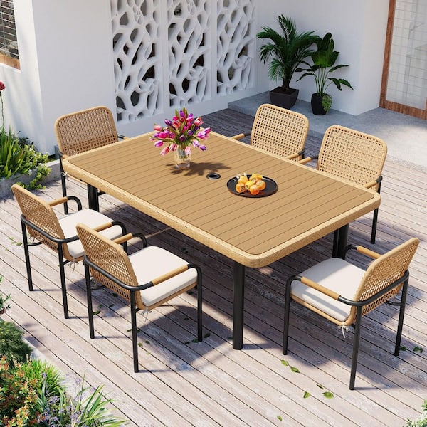 Brown 7-Piece Wicker Outdoor Dining Set Patio with Beige Cushions and Umbrella Hole