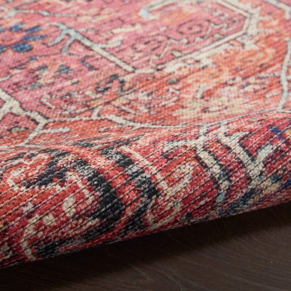 Brick Red Cotton Chenille Runner Rug with Distressed Persian Pattern