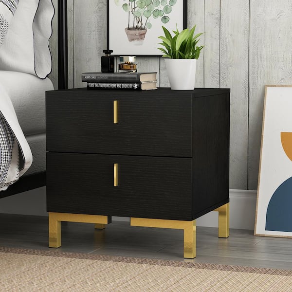 FUFU&GAGA 2-Drawer Black Wood Nightstand with Metal Frame 20.5 in. H x 19.7 in. W x 16.3 in. D