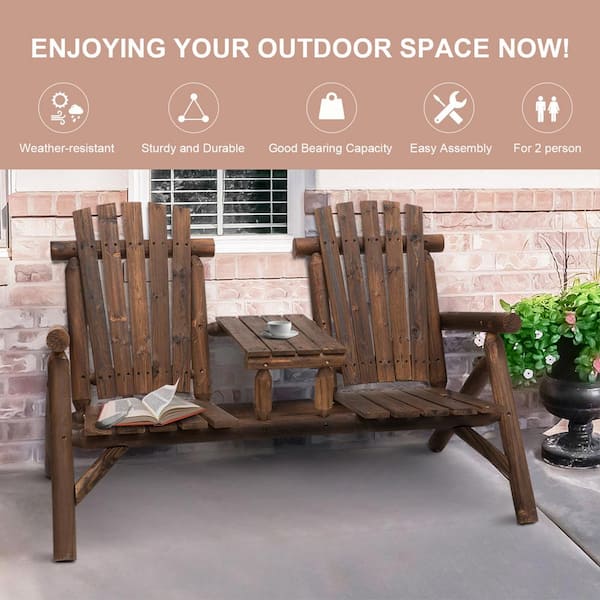 Carbonized Wooden Adirondack Chair Outdoor Loveseat Fire Pit Chair with Table, for Porch, Backyard, Deck, (Set of 2)