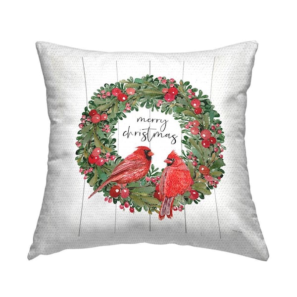 Stupell Industries Merry Christmas Cardinal Wreath Green Square Outdoor Throw Pillow
