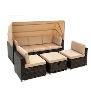 6-Pieces Wicker Rattan Outdoor Modular Sofa Sectional Set Metal Sunbathing Chair with Roof Beige Cushion Pool Furniture