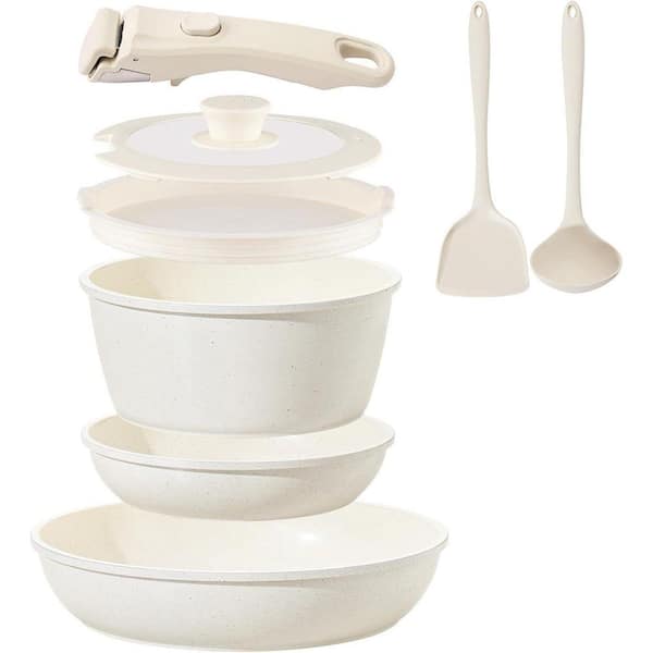 8 Piece Ceramic Nonstick Cookware Set with Removable Handle, Induction and Oven Safe, Cream White