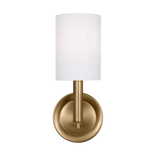 SCOTT LIVING Egmont 1-Light Satin Brass Wall Sconce with White Linen Fabric Shade