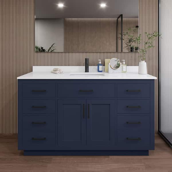 Wyndham Collection Beckett TK 60 in. W x 22 in. D x 35 in. H Single Bath Vanity in Dark Blue with White Quartz Top