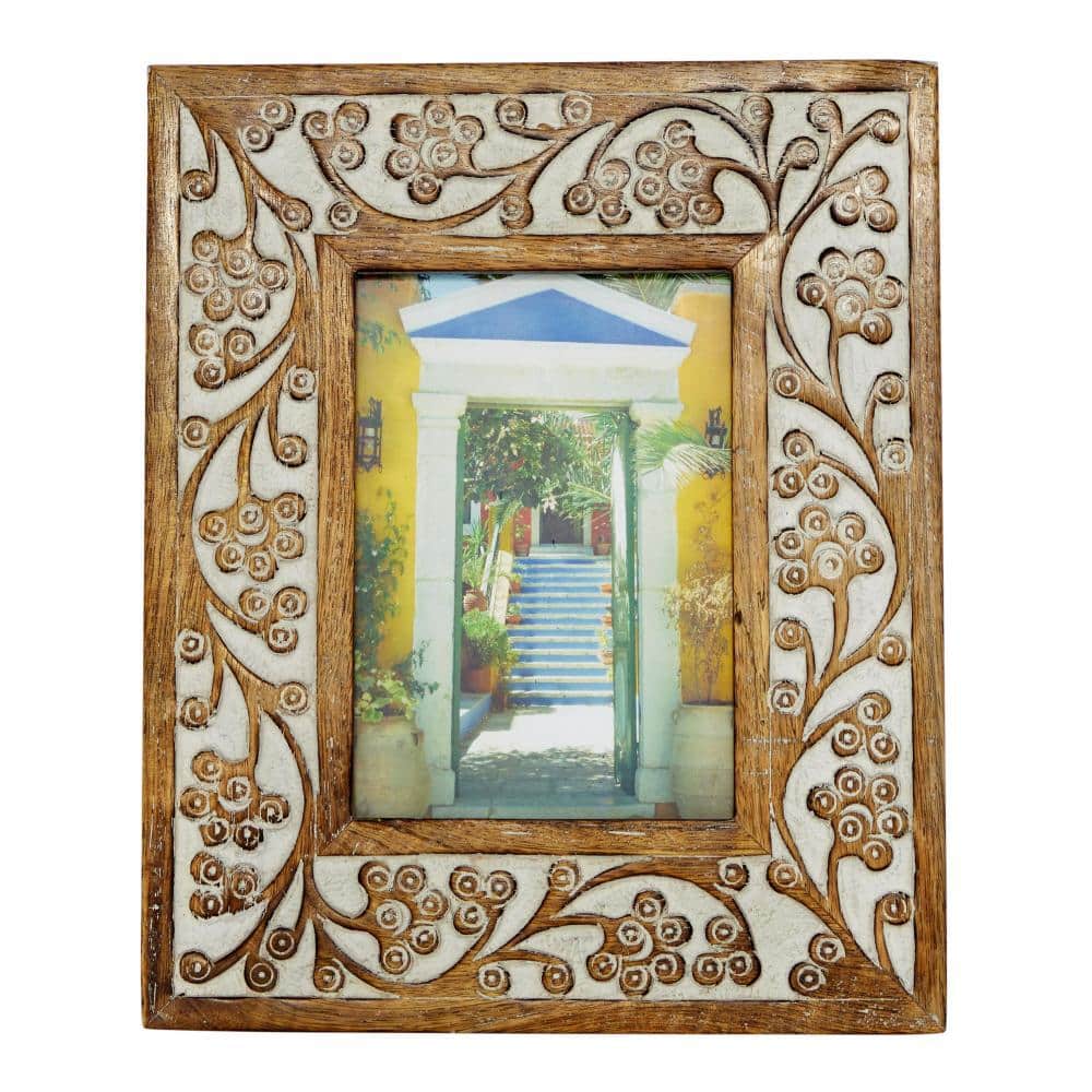 Hand-Carved White and Brown Wood 5x7 Photo Frame