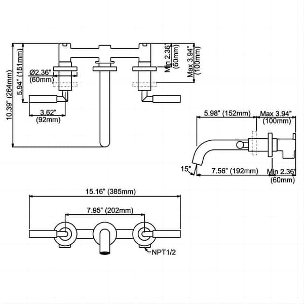 Modern 2-Handle Wall Mount Bathroom Faucet in Matte Black