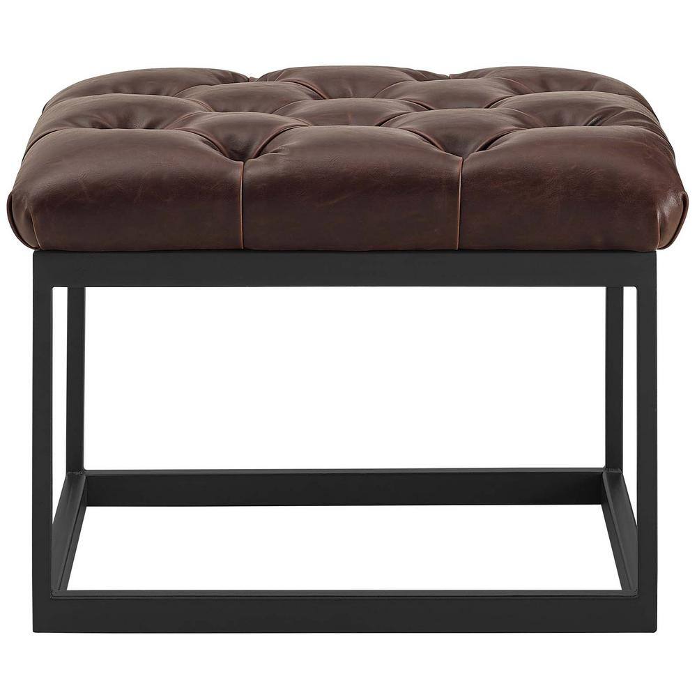 Brown Tufted Faux Leather Ottoman with Black Iron Base