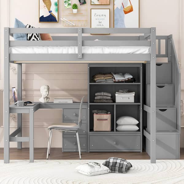 Gray Full Size Wood Loft Bed with L-Shaped Desk and 4 Drawers, Cabinet and Storage Staircase