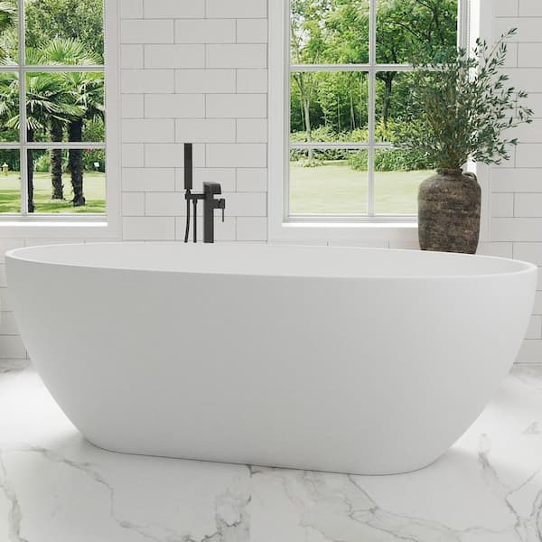 63 in. x 28.22 in. Stone Resin Solid Surface Flatbottom Freestanding Soaking Bathtub with Drain in Matte White