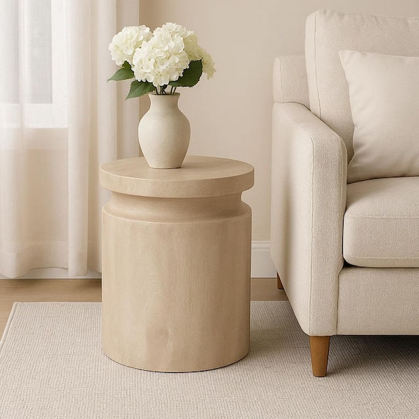Benjara Kiv 18 in. Cream Round Top Mango Wood End Table with Carved Accent Base
