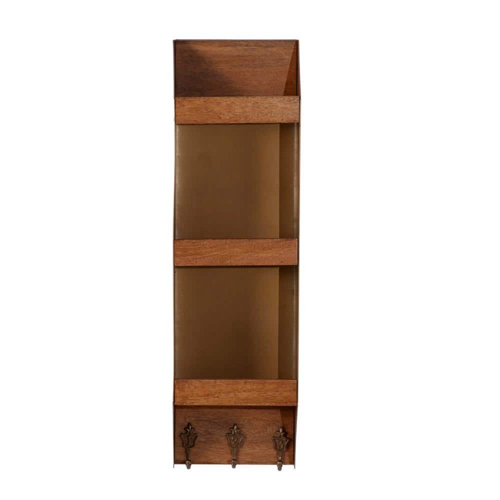 Tall Brown Mango Wood and Metal Wall Shelf with Hooks